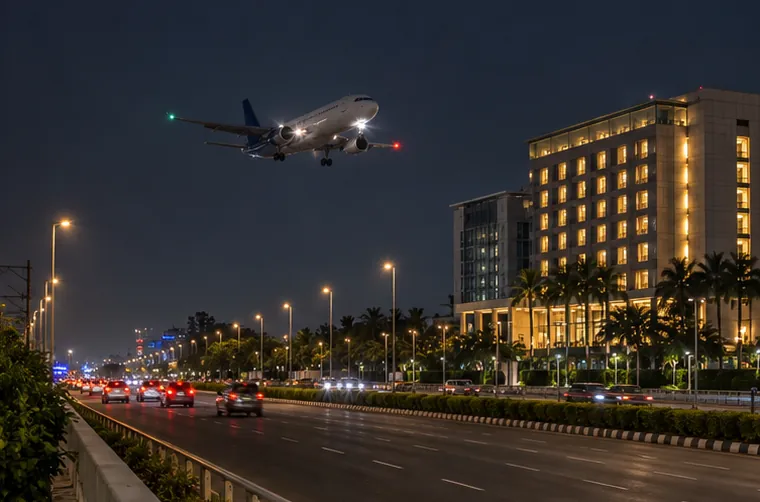VIP Road near Kolkata airport at night with a plane coming in to land