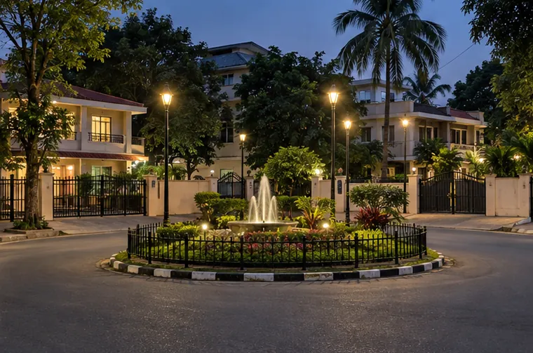 A quiet block road of houses and a small park in Bidhannagar, Kolkata, in the evening