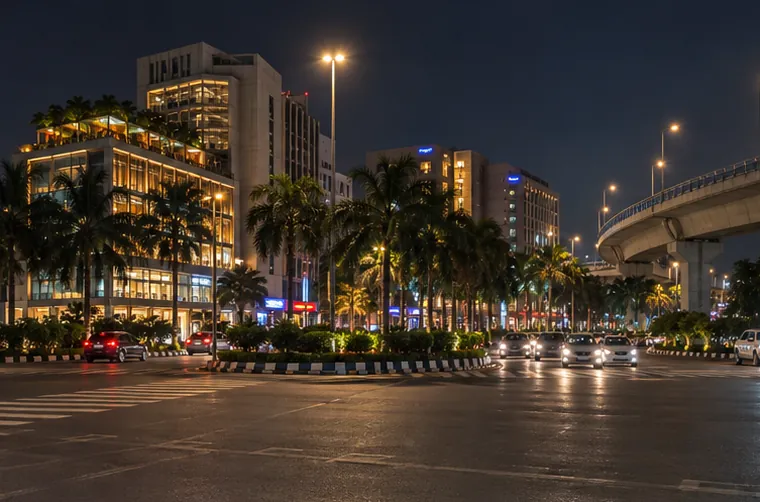 Restaurants, hotels and a flyover at Chinar Park on the airport side of Kolkata at night