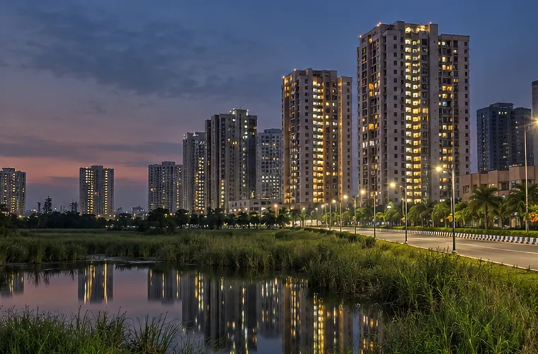 New apartment towers with lit windows in Rajarhat, Kolkata, in the evening