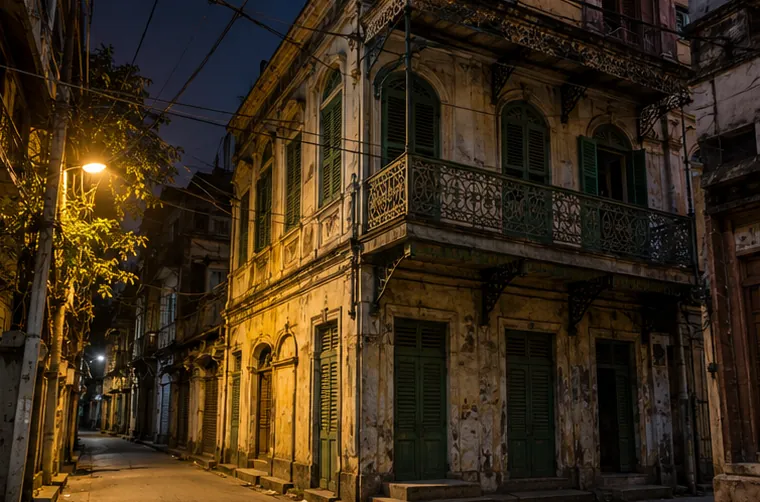 An old house with green louvred shutters and an iron balcony in a quiet North Kolkata lane near Sonagachi at night