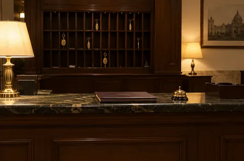 A hotel front desk in Kolkata late at night with a bell, the guest register and a key rack