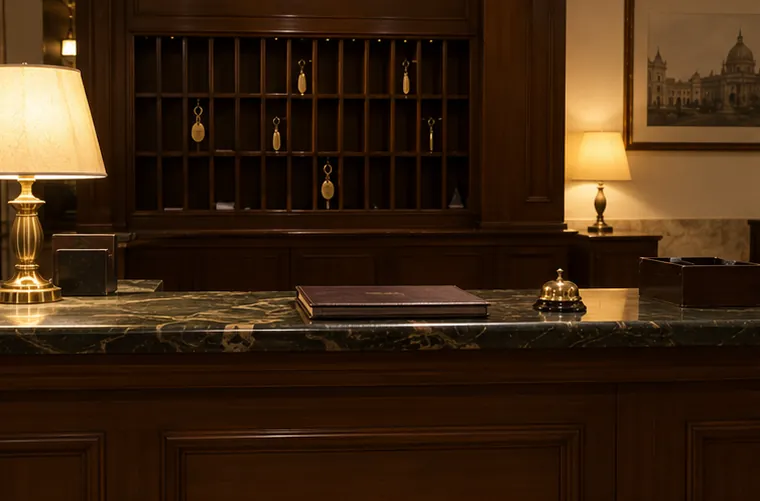 A hotel front desk in Kolkata late at night with a bell, the guest register and a key rack