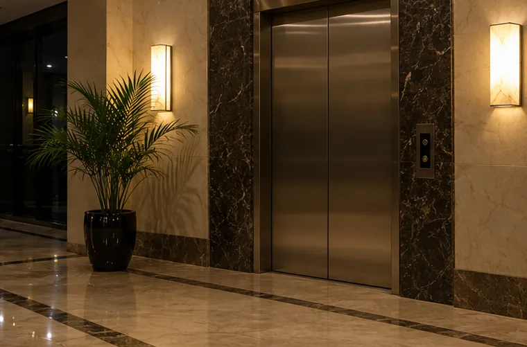 A quiet hotel lift lobby at night with steel lift doors and a marble floor