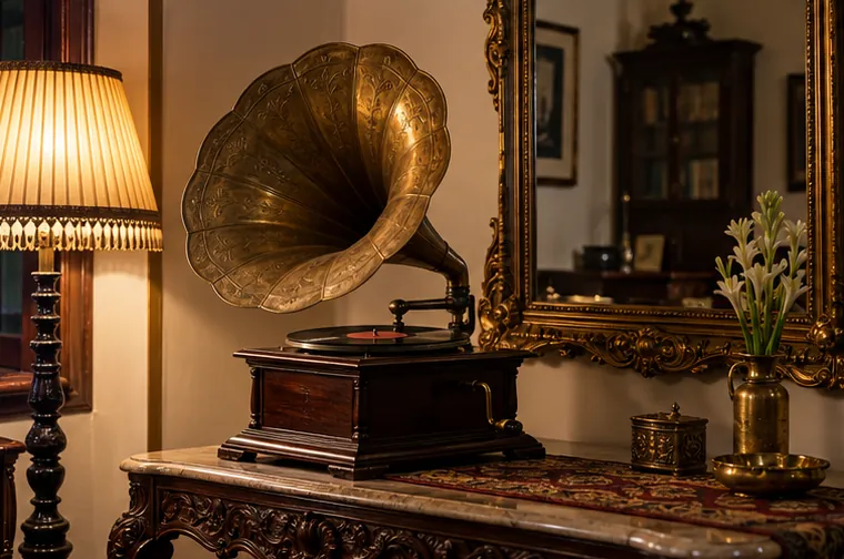 An old gramophone with a brass horn on a carved table in a Kolkata music room