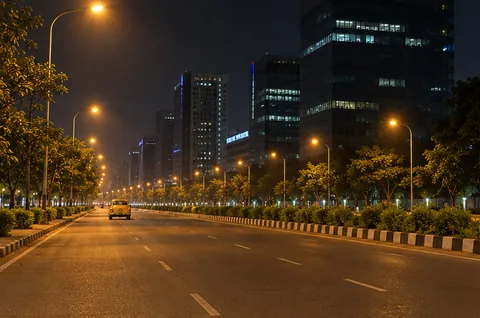 An almost empty New Town road at 1 AM with orange streetlights and one yellow taxi