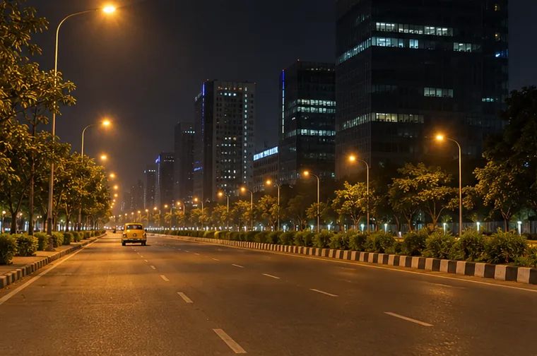 An almost empty New Town road at 1 AM with orange streetlights and one yellow taxi