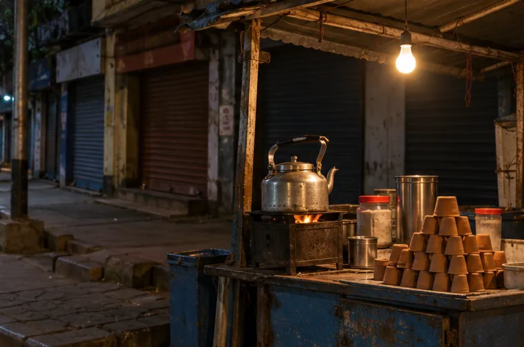 A roadside tea stall in Kolkata late at night with a kettle and stacked clay cups