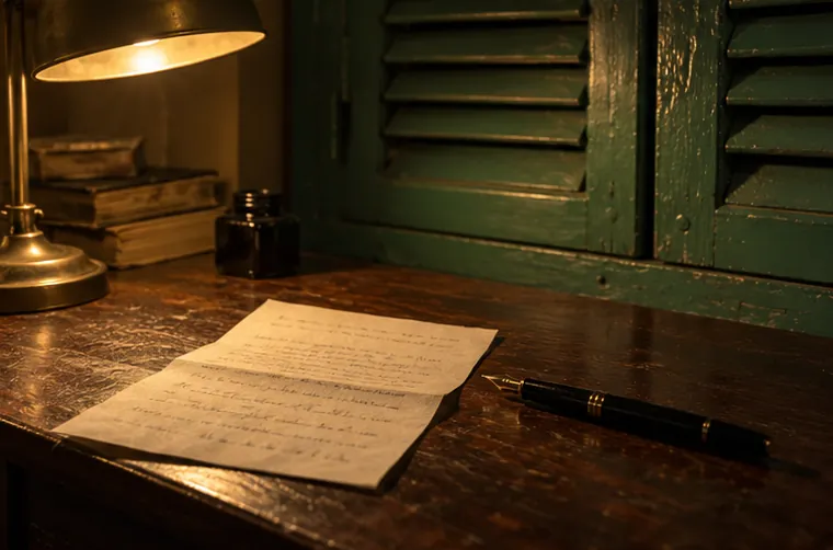 A folded paper note and a fountain pen on a wooden desk beside green shutters