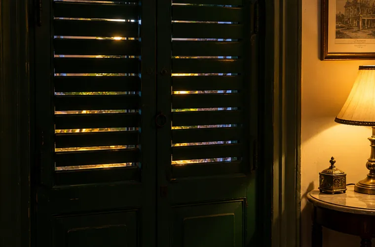 Green louvred shutters closed at night with thin lines of street light coming through