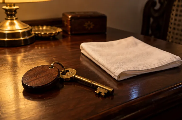 A brass room key with a wooden tag and a folded napkin on a polished table