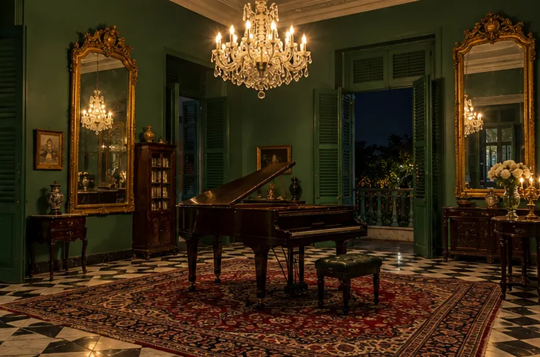 An old Kolkata music room at night with a crystal chandelier, gilt mirrors and green shutters