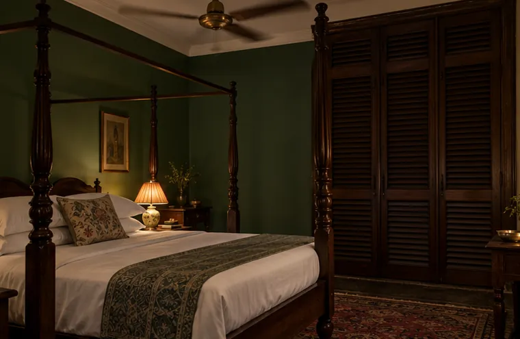A private room with green walls, a four-poster bed and closed wooden shutters