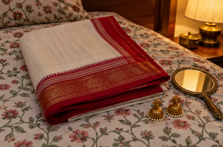 A white Bengali saree with a red border folded on a bed beside gold earrings