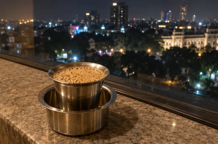 South Indian filter coffee in a steel tumbler on a hotel window ledge at night